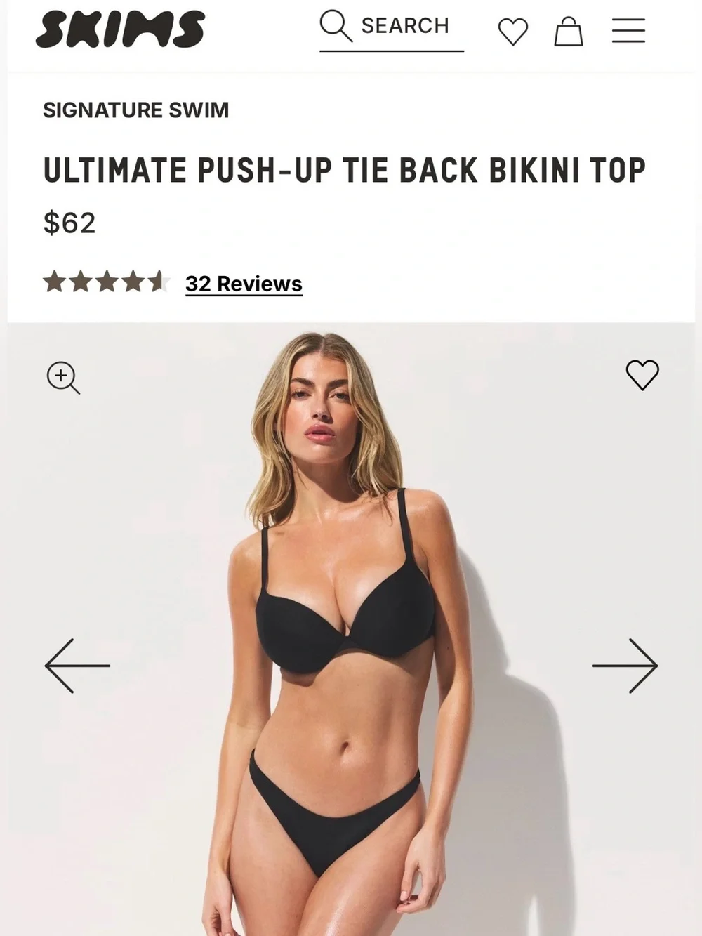 Skims Black Sig Swim Ultimate Push-Up Bikini Top 7 + Cheeky Tanga Bottom S NWT